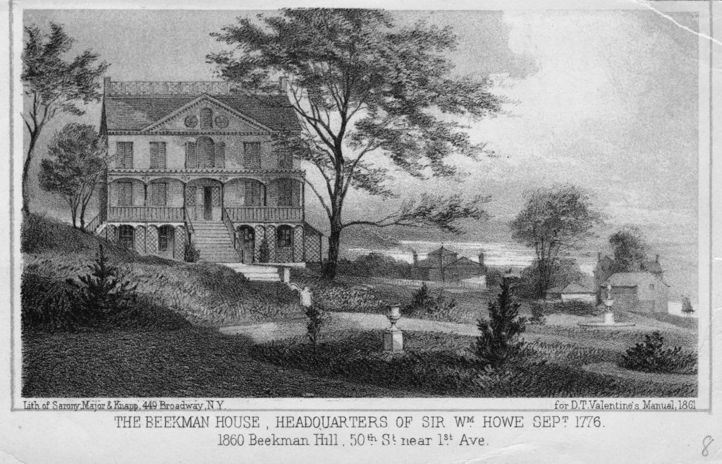 Drawing labeled The Beekman House, Headquarters of Sir William Howe Sept 1776, 1860 Beekman Hill, 50th St. near 1st Ave